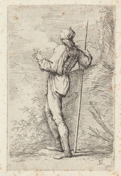 Soldier Standing Holding a Long Cane before a Rocky Wall 1656   1657