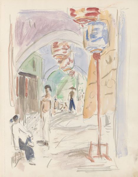 Straat met lampionnen en figuren 1931