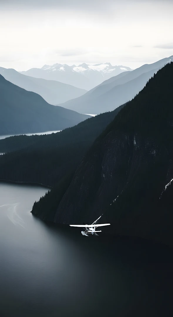 Seaplane Flying Low Over Dark Fjord Mountain Valley