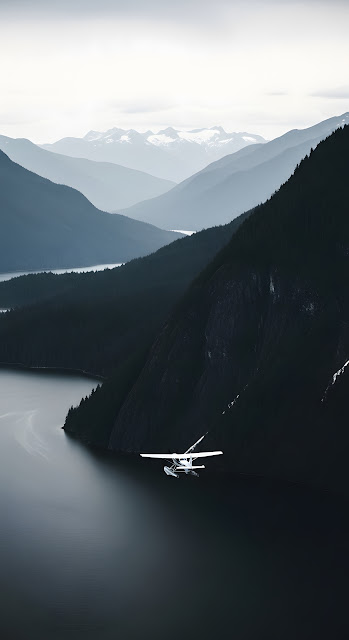 Seaplane Flying Low Over Dark Fjord Mountain Valley - Free mobile Wallpaper