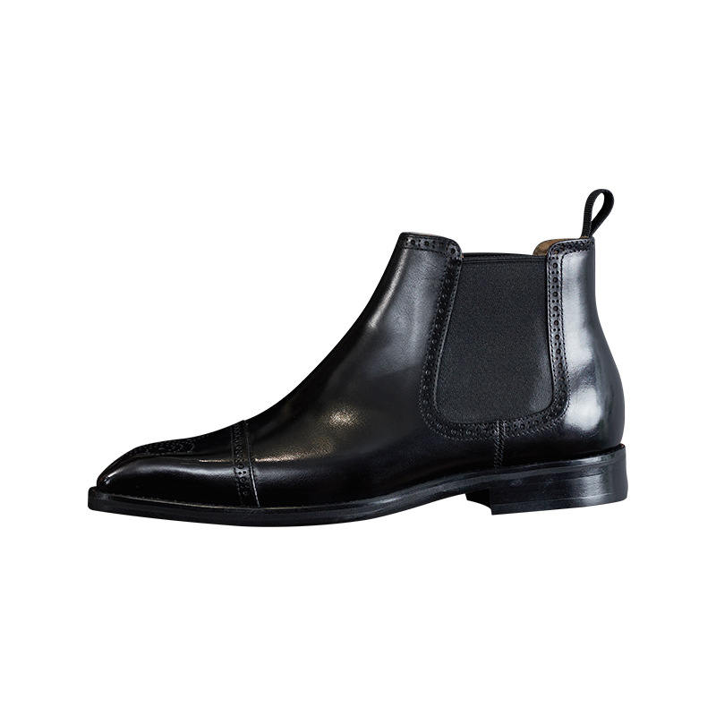 Men's leather Chelsea boots, brogue design, round