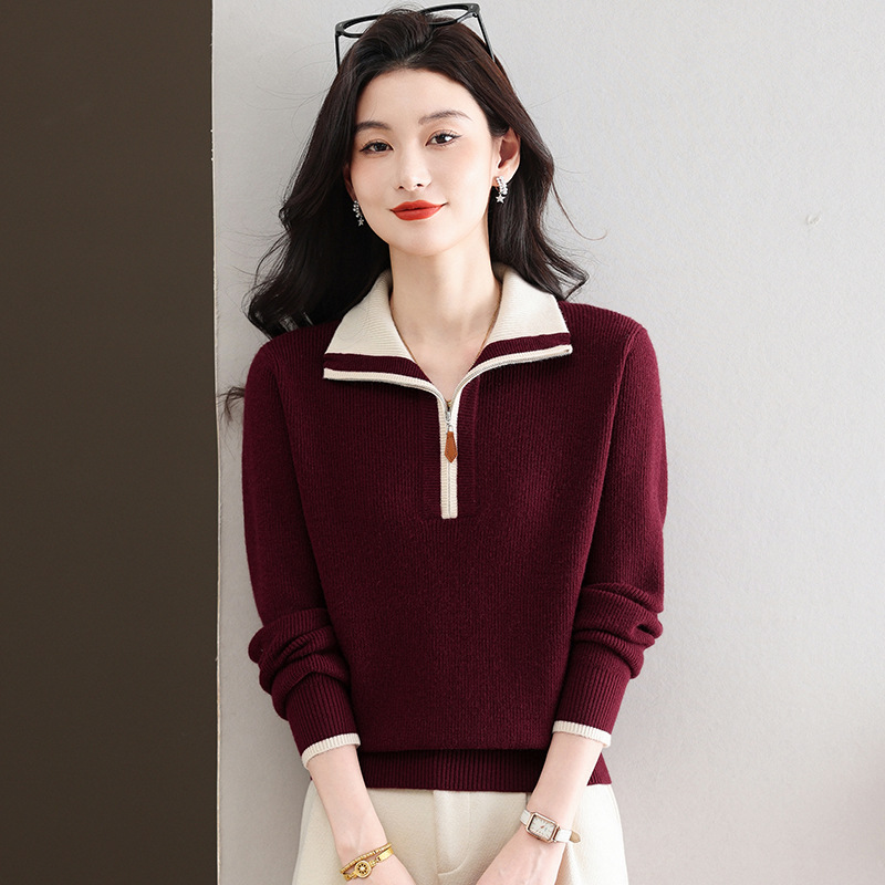 Damen-Strickpullover mit Reißverschluss und Kontrastfarben