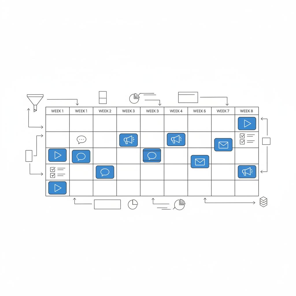 Vector planner page showing an eight-week calendar with sticky-note sketches for announcement clips, creator posts, email sequence, paid push, and day-of checklist, blue accents &mdash; how to advertise an event