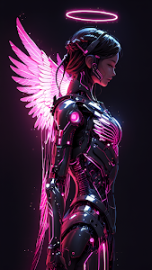 Neon Pink Cybernetic Angel Portrait Dark Futuristic Art
