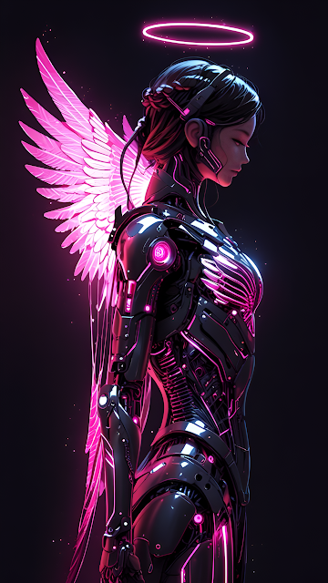 Neon Pink Cybernetic Angel Portrait Dark Futuristic Art - Free mobile Wallpaper