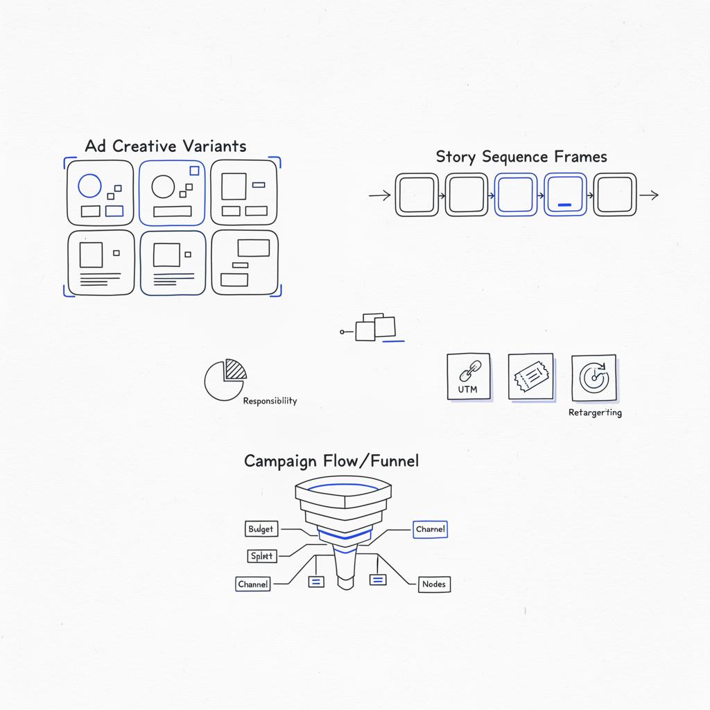 Minimal 2D vector notebook page showing sketched ad wireframes, story sequence frames and small post-it icons for UTM, promo code and retargeting &mdash; Instagram promotion price