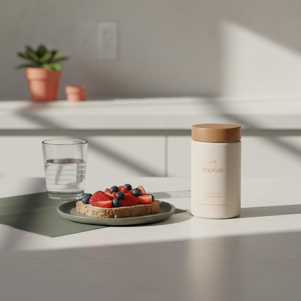 Motus supplement bottle on a minimalist kitchen counter beside a glass of water and whole-grain toast with berries, promoting berberine for belly fat