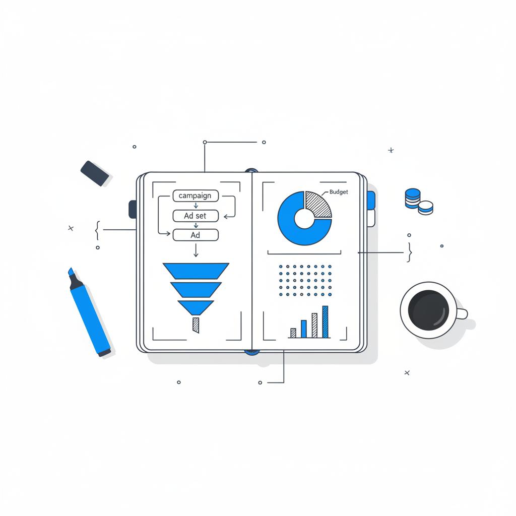 Minimal vector notebook-style sketch illustrating facebook ads budget planning with ad-set diagrams, funnel, budget allocation icons and a 50-dot conversions cluster