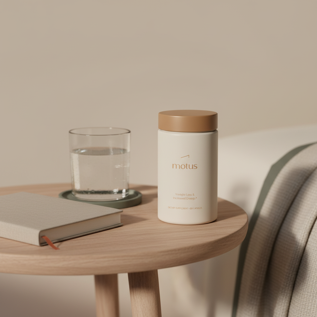 Minimal bedside scene with Tonum Motus supplement on a table beside a journal and glass of water, highlighting a thermogenic fat burner daily ritual.
