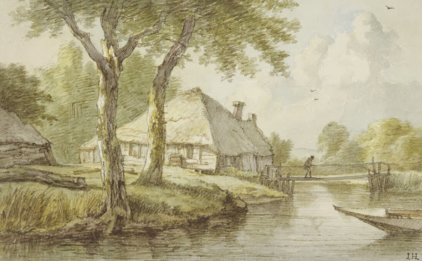 Bei zwei Bäumen ein Haus am Wasser ein Steg rechts die Spitze eines Kahnes