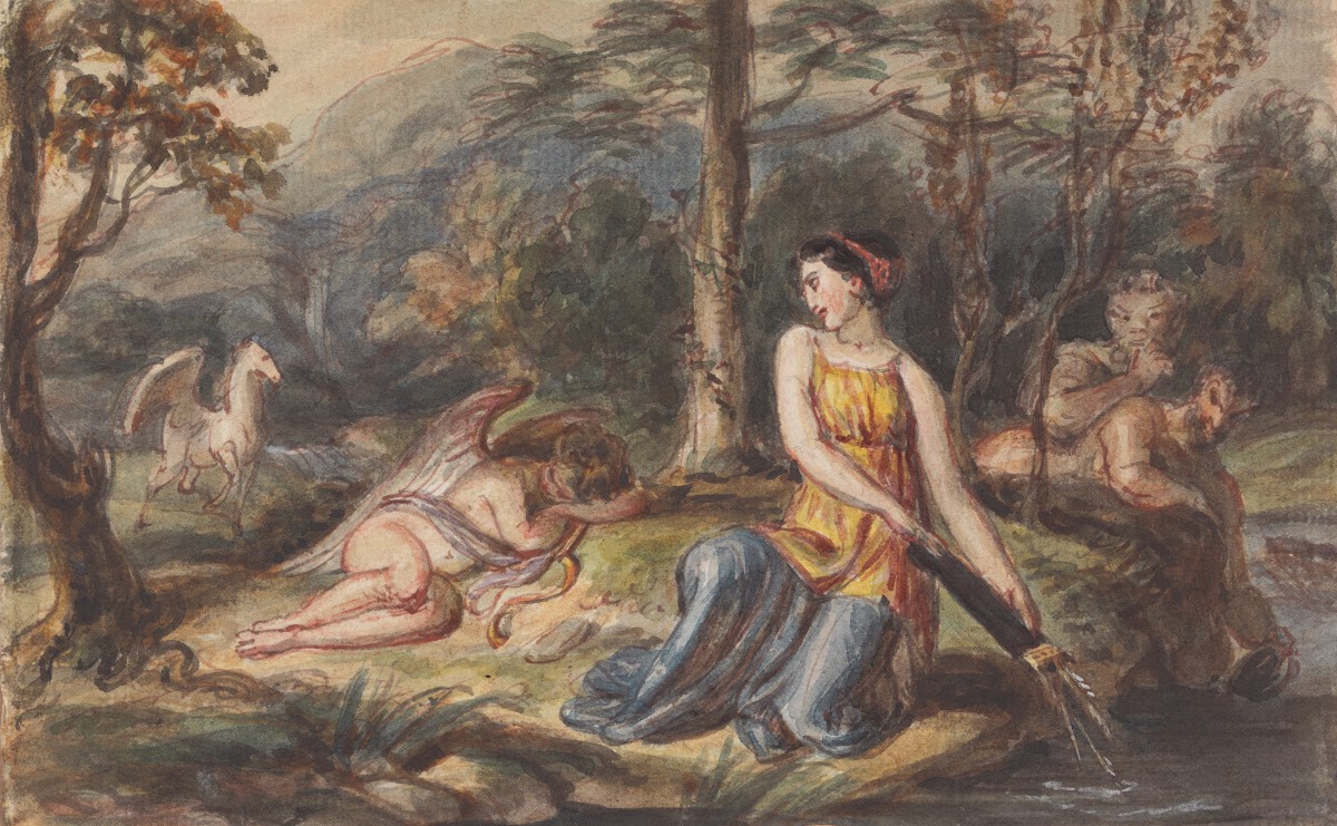 Diana Goddess of the Hunt with Satyrs sleeping Cupid and a Pegasus in a Wooded L