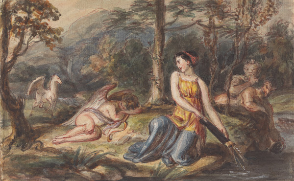 Diana Goddess of the Hunt with Satyrs sleeping Cupid and a Pegasus in a Wooded L