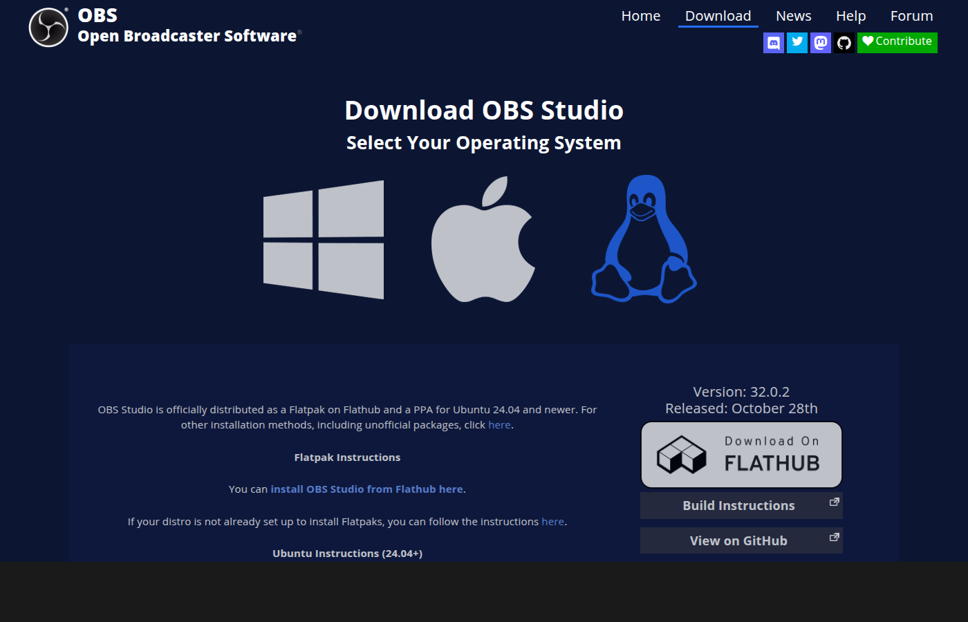 OBS Studio 다운로드 페이지