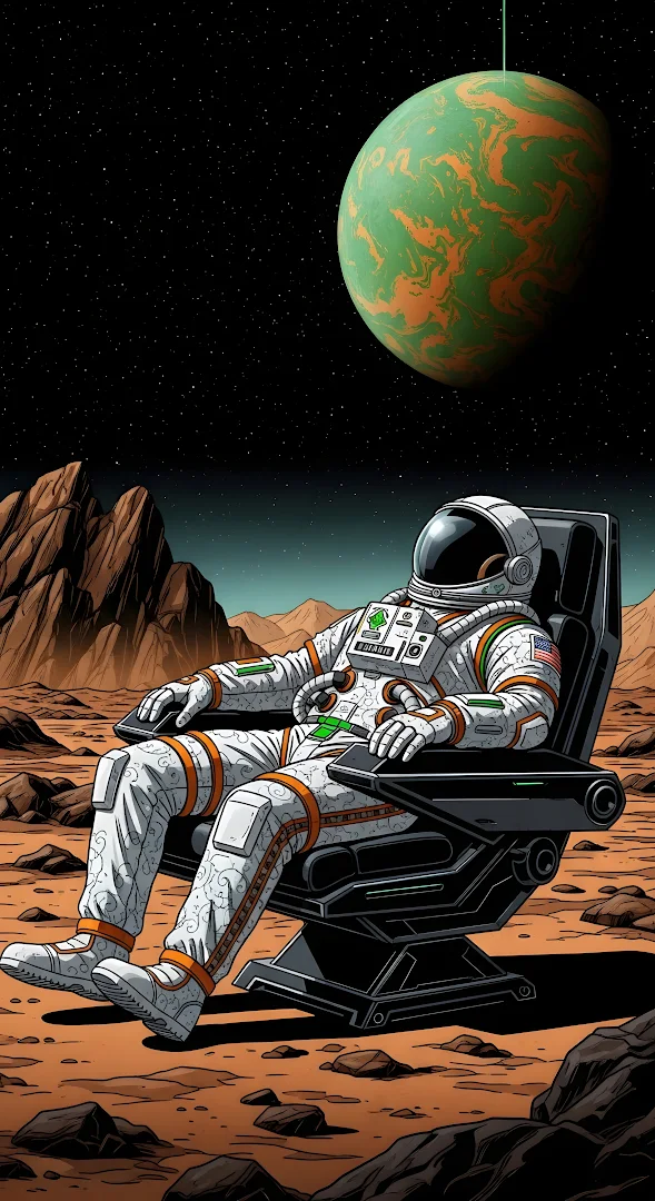 Astronaut Relaxing on Alien Planet Retro Sci-Fi Art