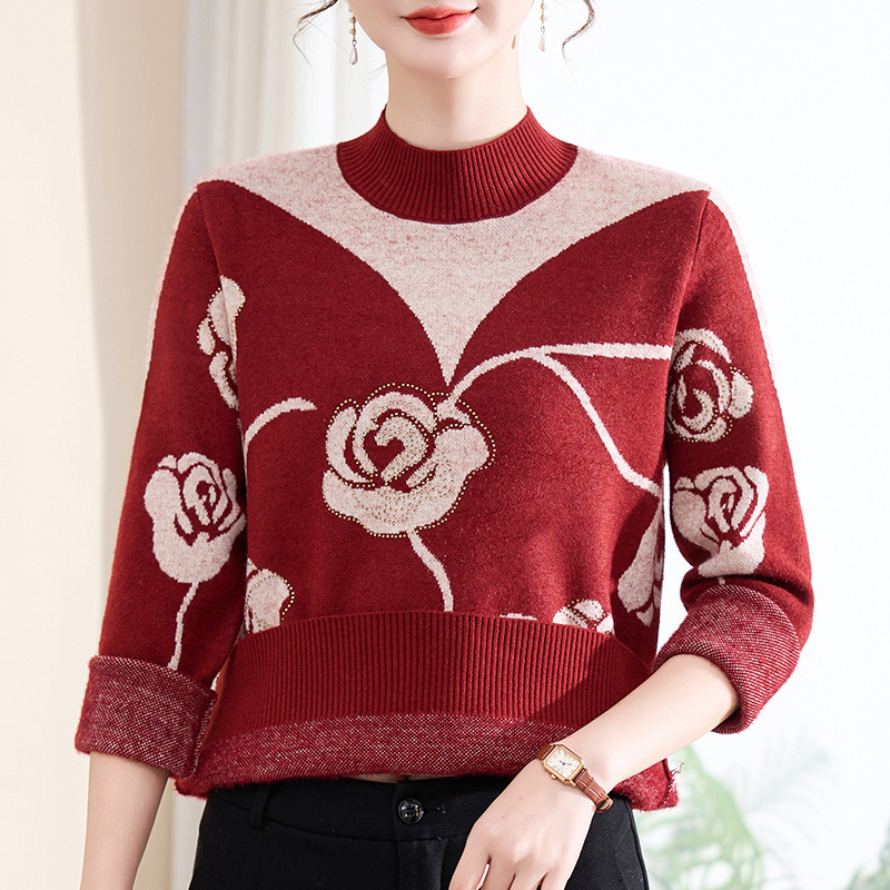 Women's knitted sweater with stand-up collar and floral pattern