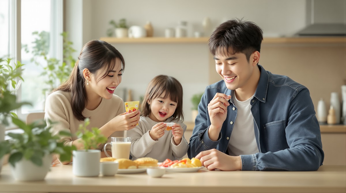 아침 식사 후, 운동 전후, 사무실 간식, 아이 간식 등 다양한 상황에서 건강한젤리추천 제품을 즐기는 가족과 직장인, 청소년의 자연스러운 모습과 개별 소포장 젤리가 파우치와 책상 위에 놓인 장면