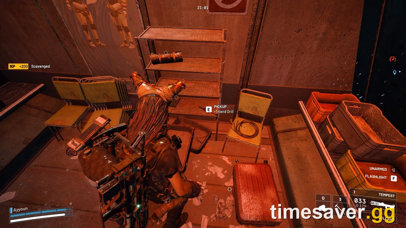 Hand Drill on the floor beside the back shelf inside an open Storm Hut during a Flash Freeze on Pendola Pass