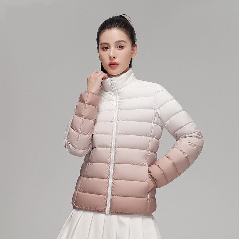 Women's down jacket, short, with stand-up collar and gradient