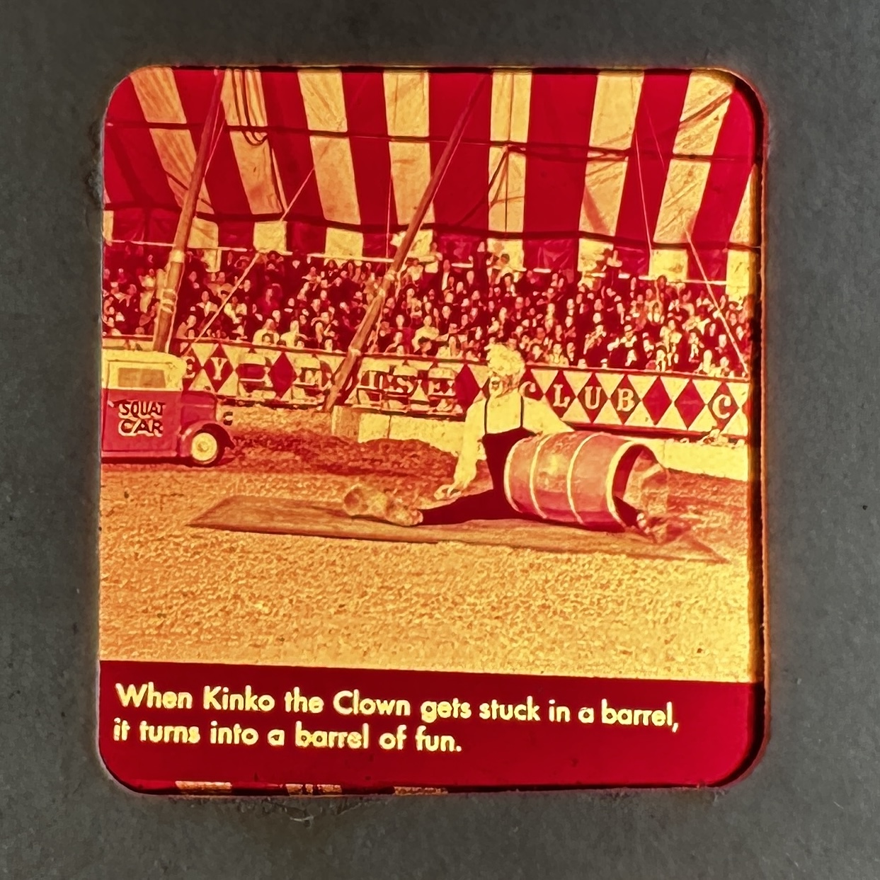Vintage View-Master slide from Sawyer's Packet B 313 showing Kinko the Clown from the Mickey Mouse Club Circus, circa 1955–1956, with warm red-orange Kodachrome color shift