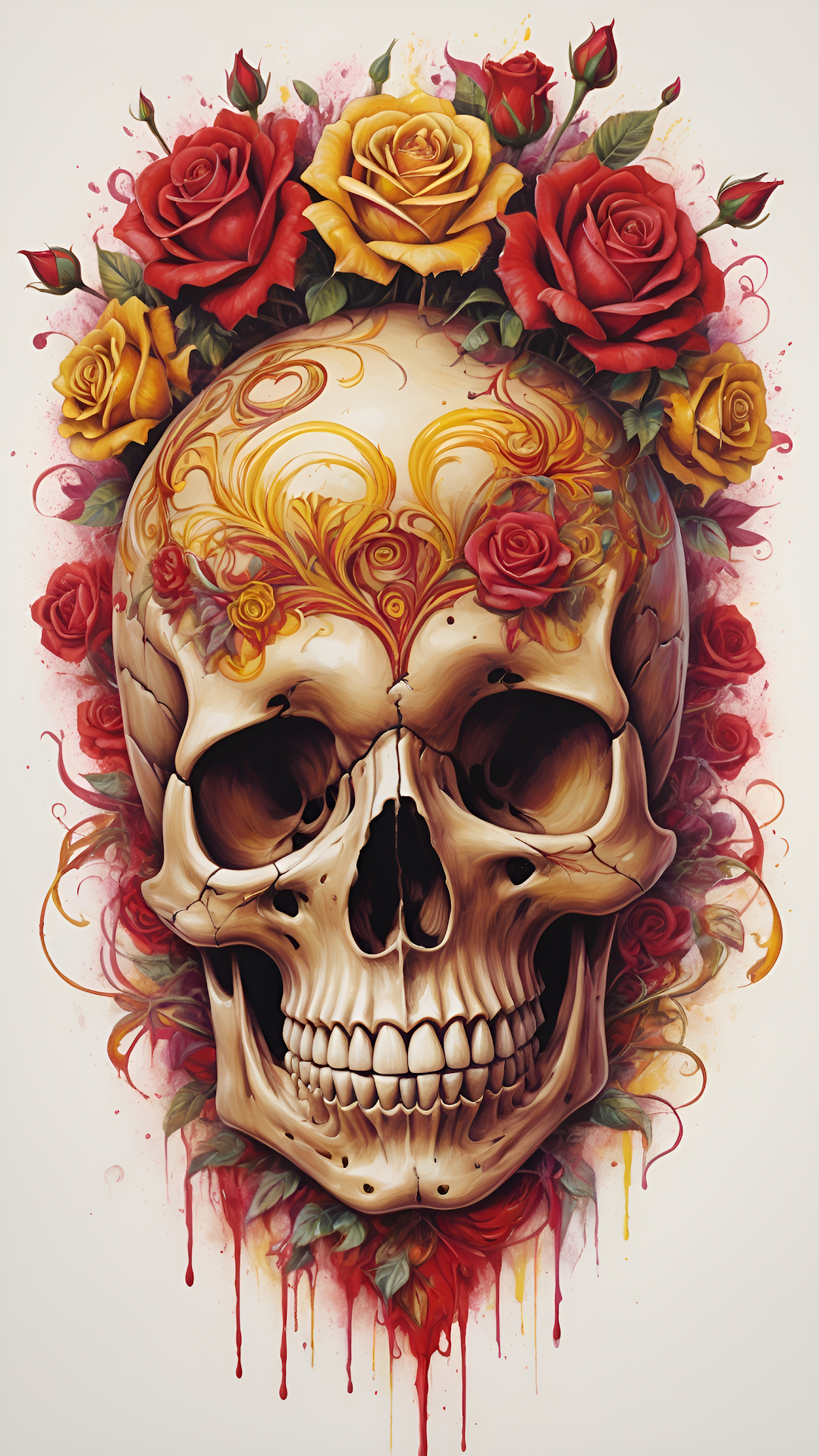 Skull Adorned with Red and Yellow Roses - Free 4K mobile Wallpaper
