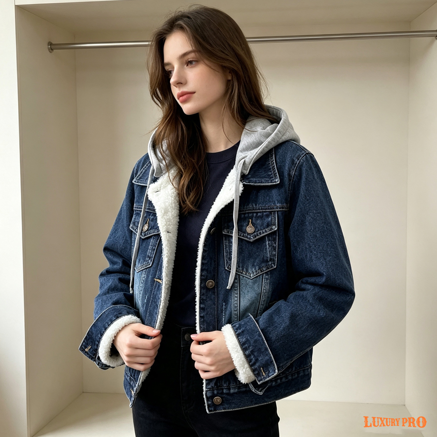 2D Women's Fleece Hooded Denim Jacket