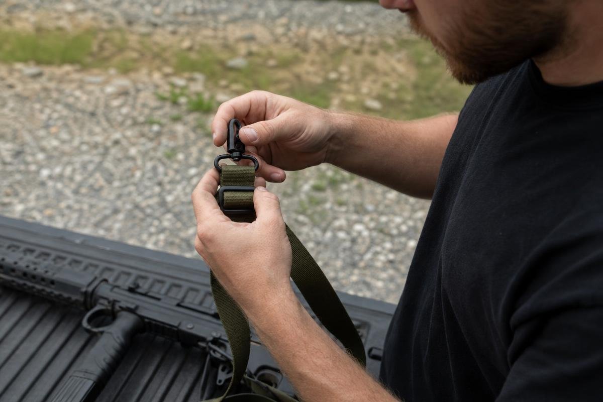 Rifle sling hardware inspection after outdoor use