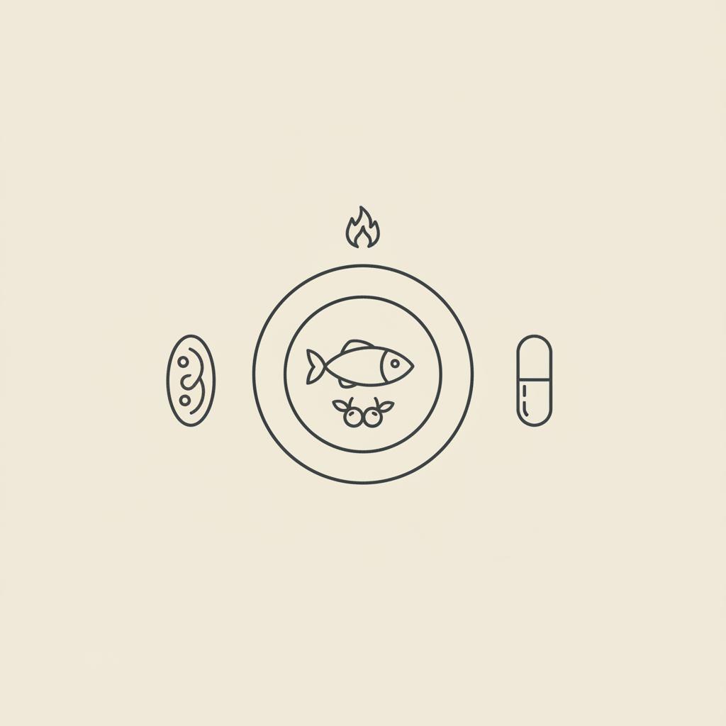 Minimal Tonum-style line illustration of a mitochondrion, capsule, plate with fish and berries and a small flame symbol representing fat oxidation on a beige background