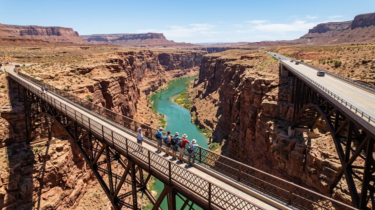 Navajo Bridge spanning Marble Canyon above the turquoise Colorado River Arizona