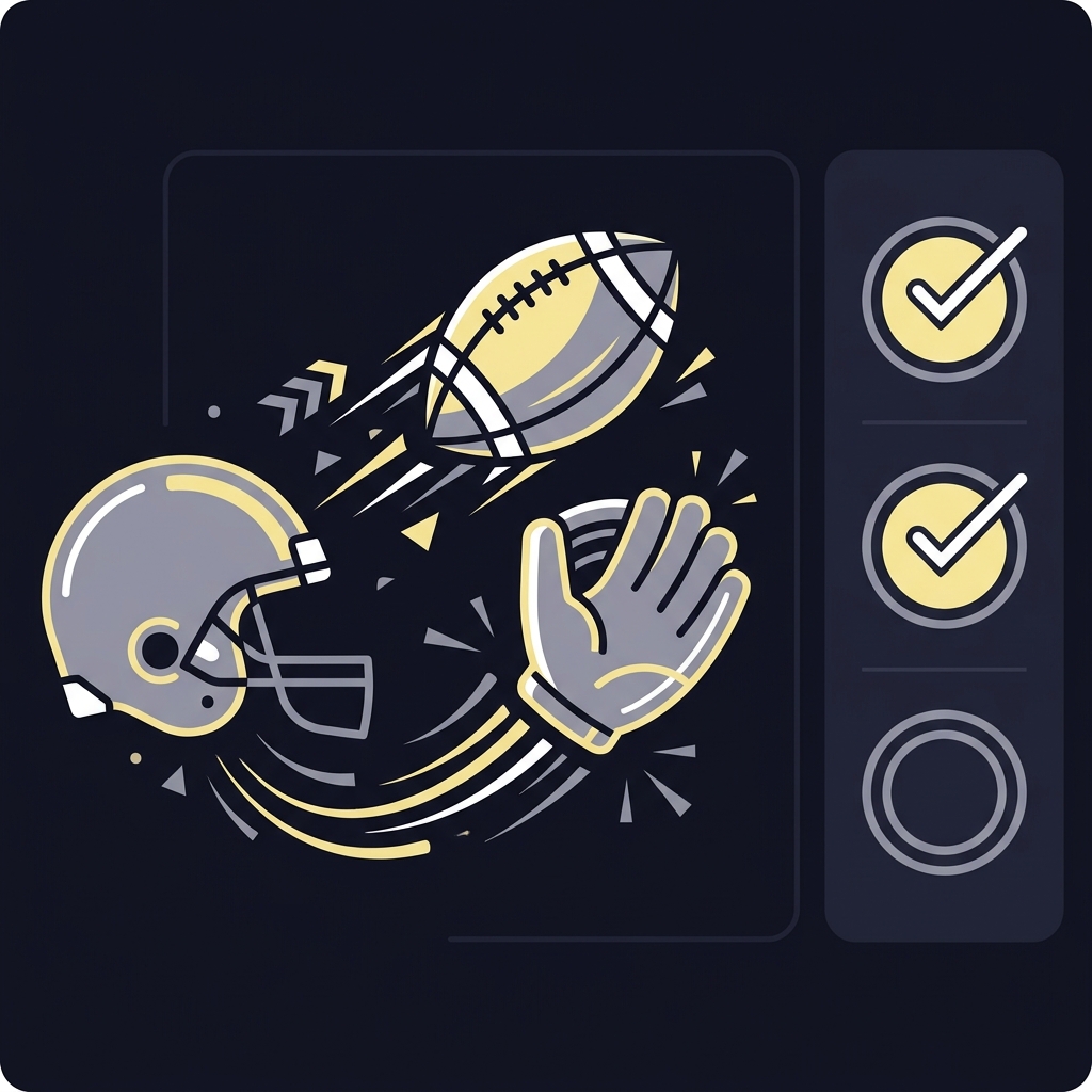 Minimalist 2D vector of a football helmet and ball in motion beside a compact checklist sidebar illustrating vikings super bowl odds in a Funded Plays dark palette