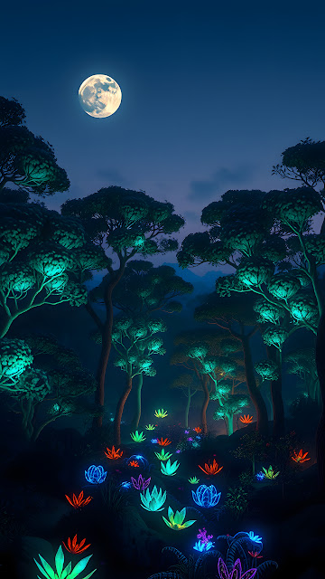 Magical Bioluminescent Forest under Full Moon - Free mobile Wallpaper