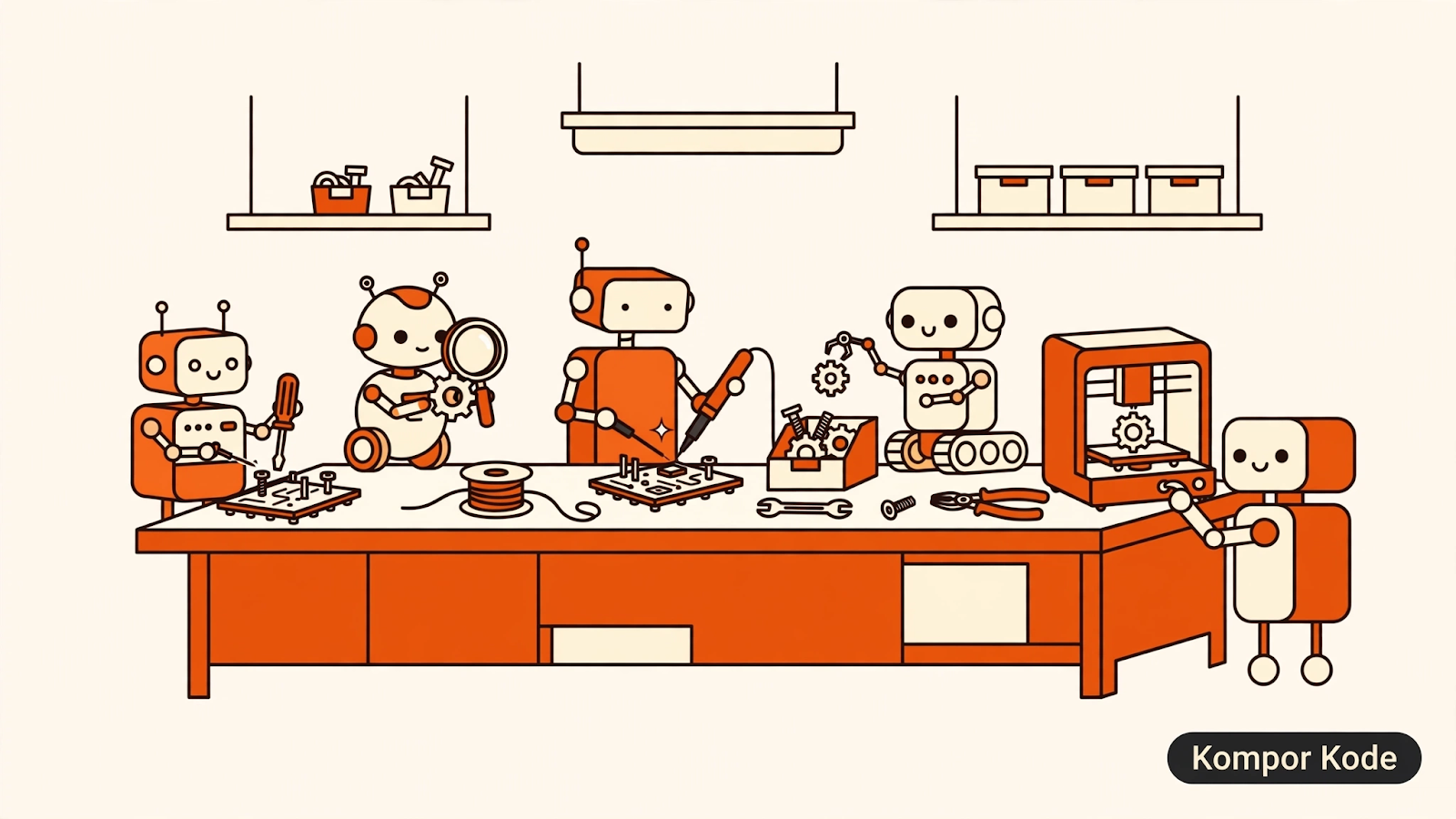 Ilustrasi beberapa robot kecil bekerja sama mengerjakan tugas berbeda di satu meja kerja