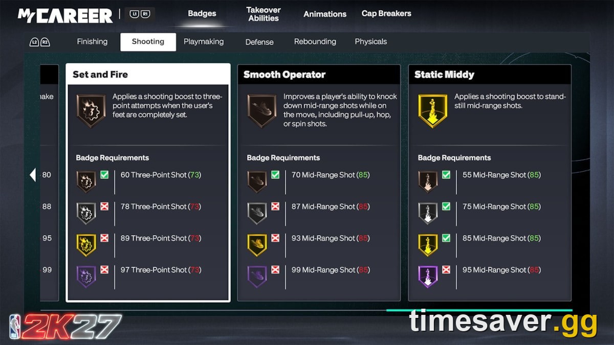 NBA 2K27 MyCAREER Shooting Badges menu — the MyPLAYER upgrades that Daily Rivals VC and boosts help you pay for