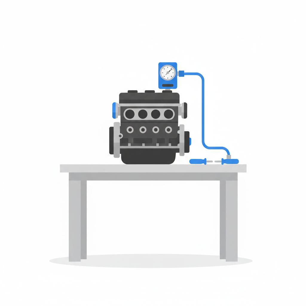 Minimalist 2D vector of modern four cylinder engine on a clean workbench with a compression tester connected subtle blue accents to illustrate mazda oil consumption
