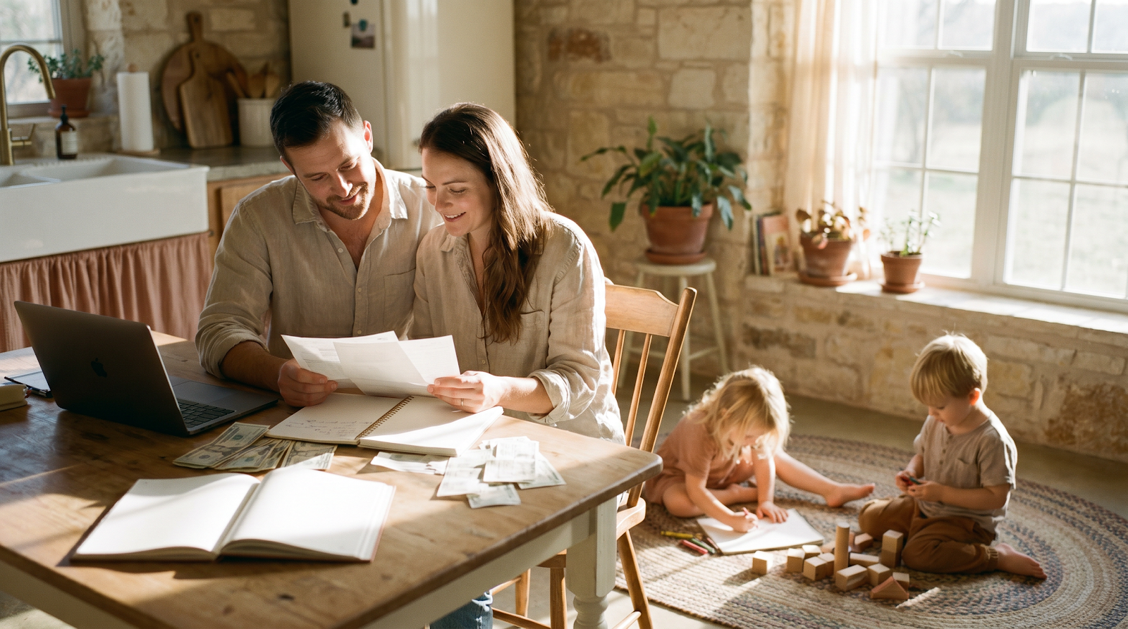 A couple reviewing estate documents at the kitchen table