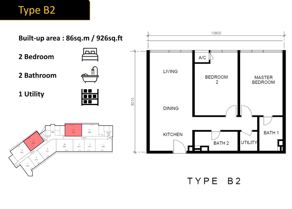 Golden Crown Type B2 floor plan — 926 sq ft, 3 bedrooms