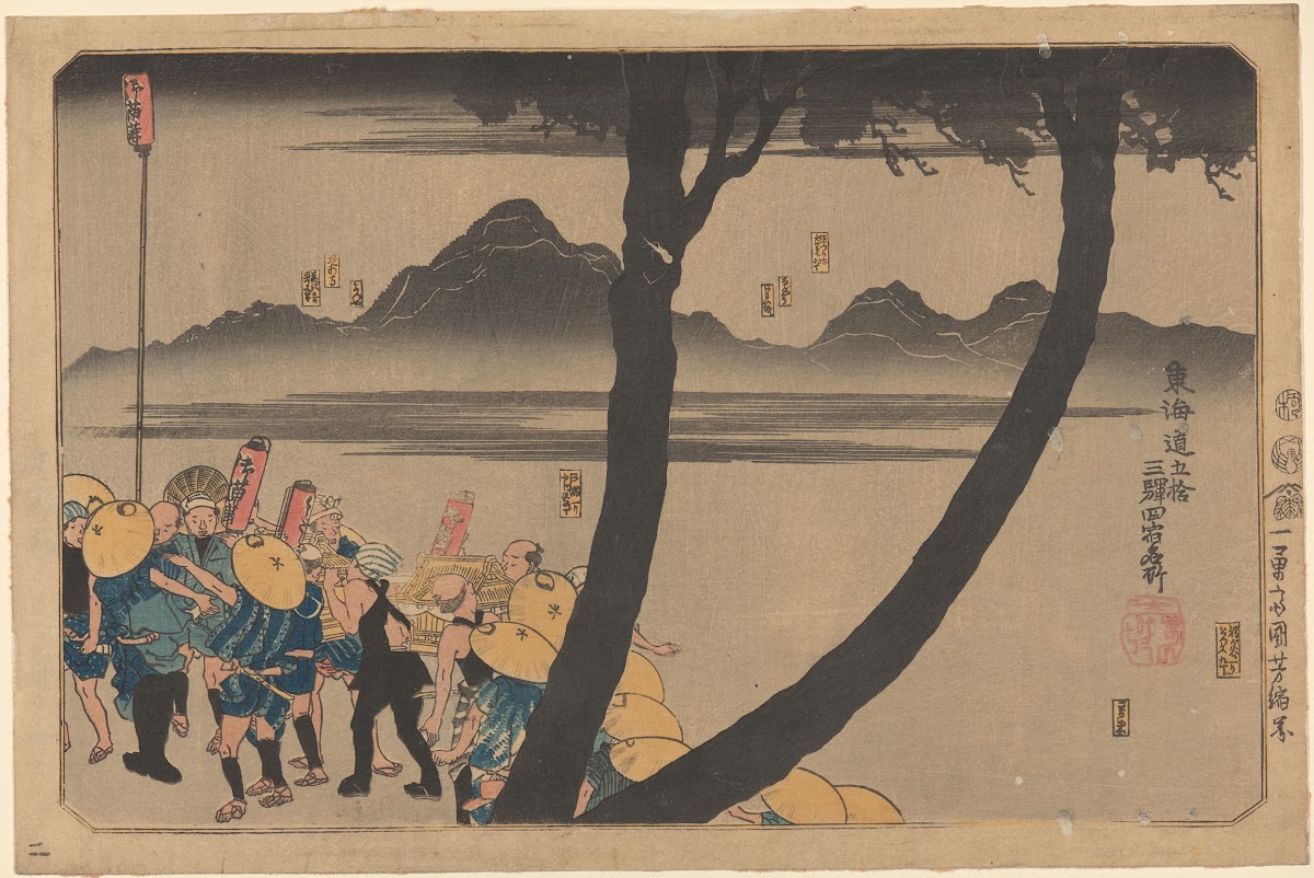 Night Procession by River forked tree trunk in foreground 19th century