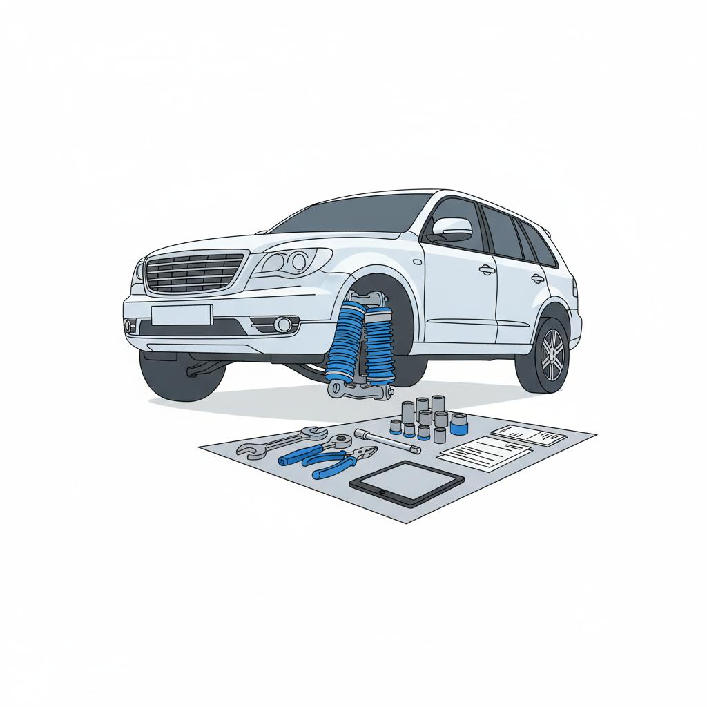 Minimalist 2D vector of a lifted SUV undercarriage showing an air suspension module with tools and blank service invoices in CarFax Deals colors used range rover for sale