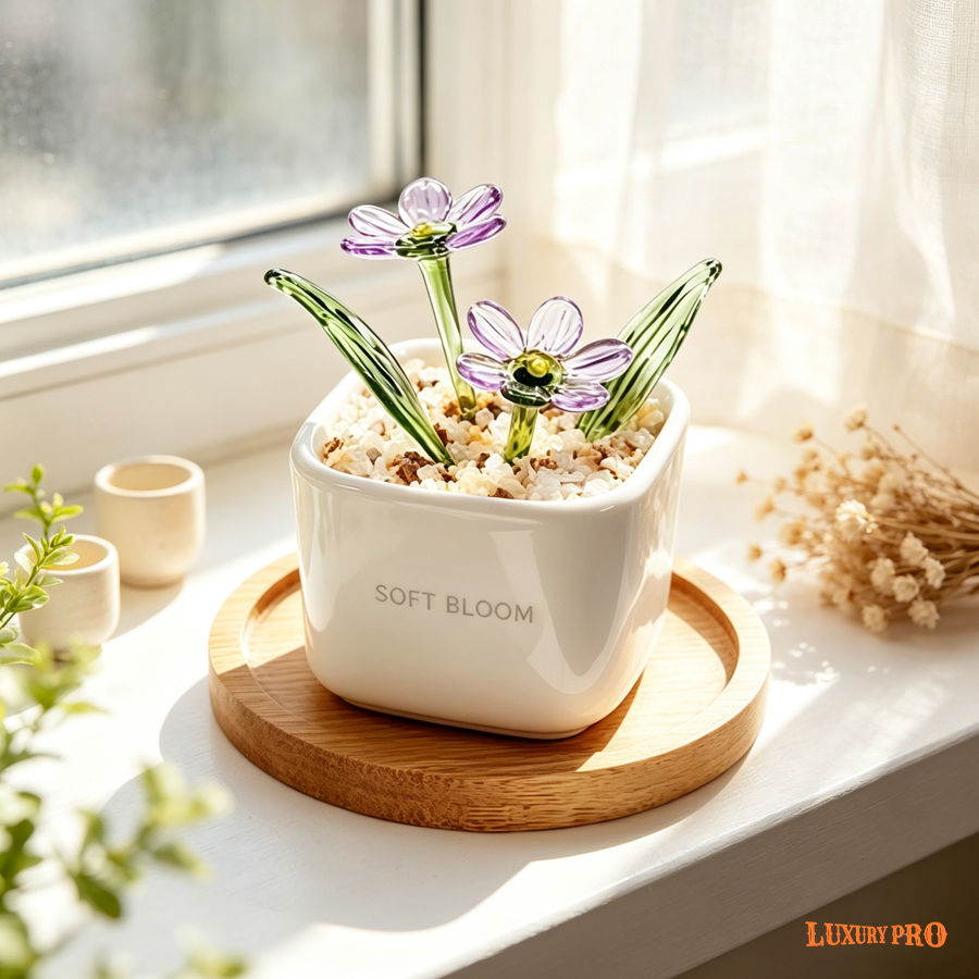 Wooden Base With Glass Flowers