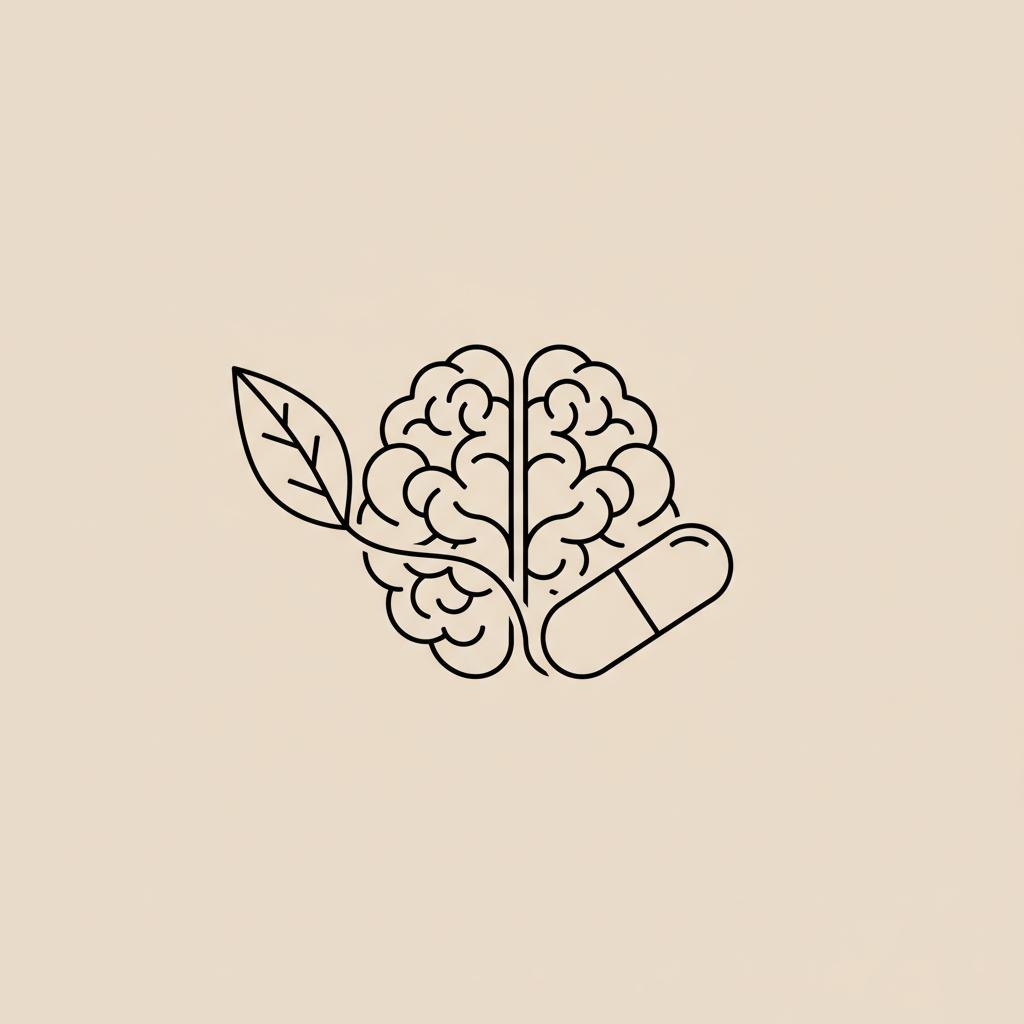 Minimal line illustration of a brain merged with a leaf and capsule on beige background, representing the best natural brain booster