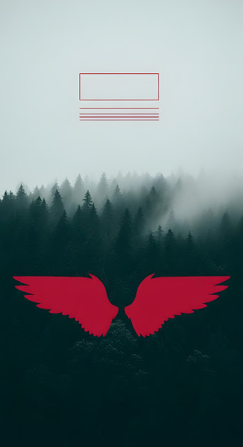 Red Angel Wings Over Foggy Pine Forest Graphic Design - Free mobile Wallpaper