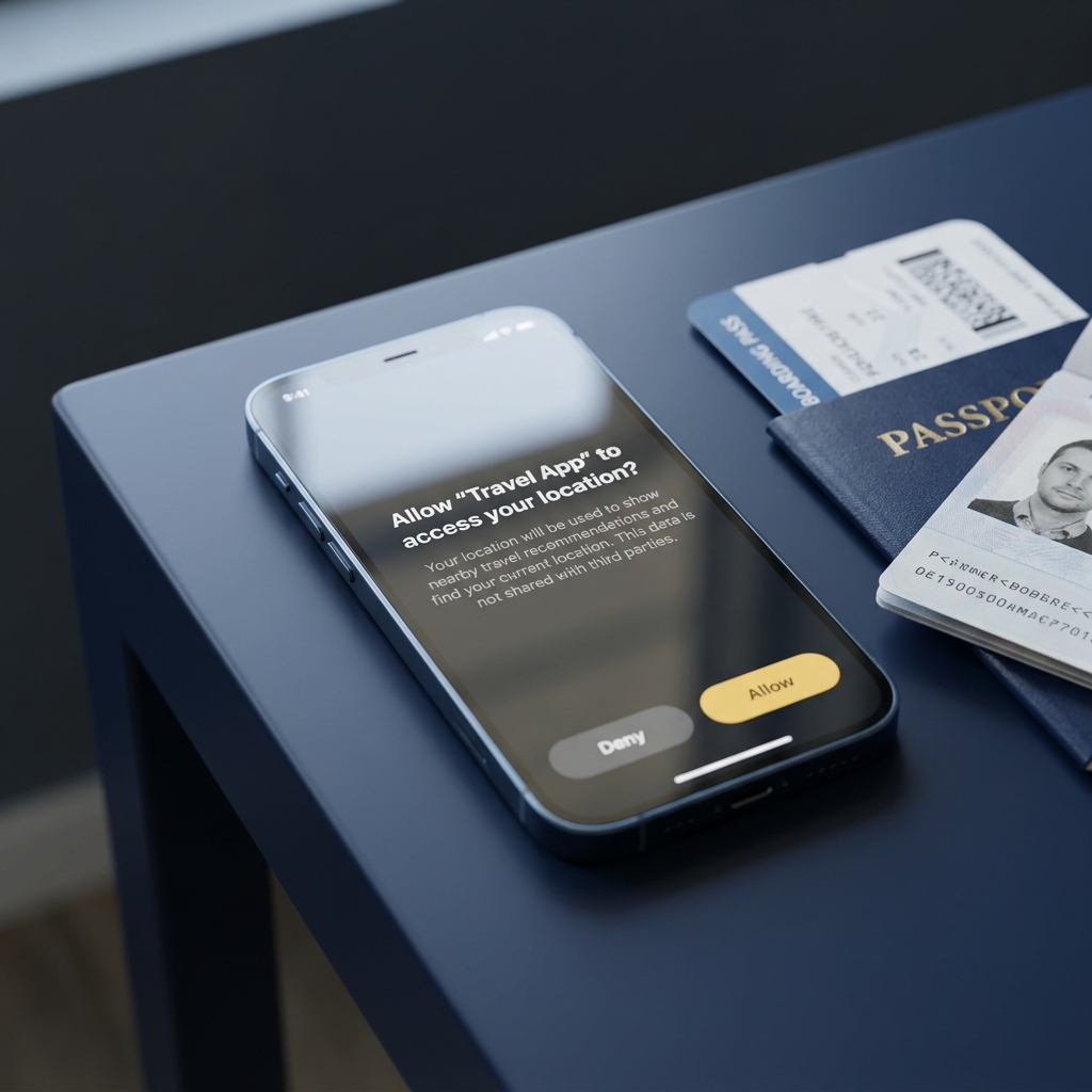 Close up of a smartphone showing a geolocation permission prompt next to passport and boarding pass on a dark minimal table representing states where online gambling is legal