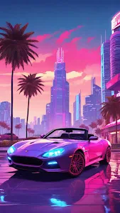 Pink Sports Car in Neon City with Palm Trees at Dusk