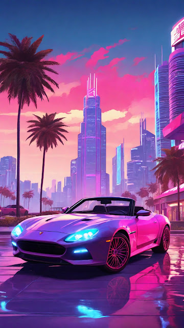 Pink Sports Car in Neon City with Palm Trees at Dusk - Free mobile Wallpaper