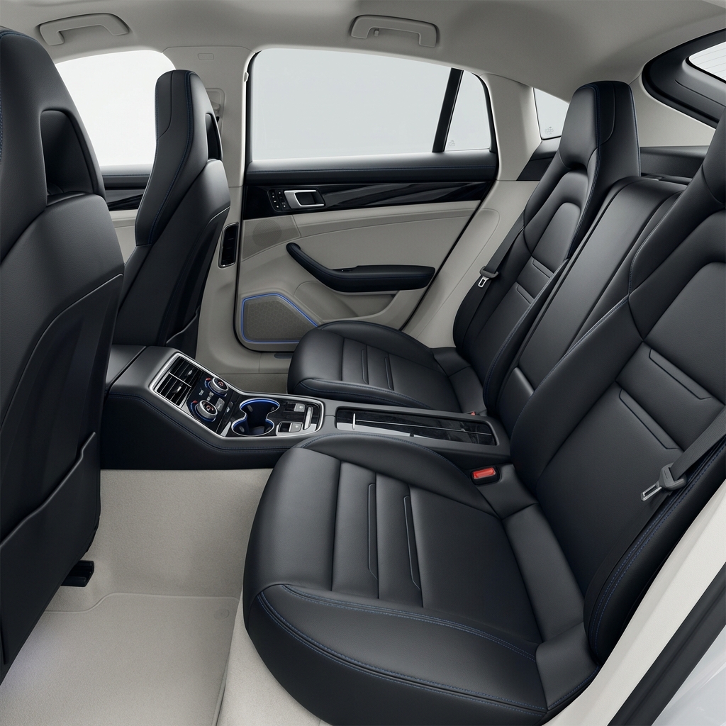 Rear seat and center console of a Porsche Panamera illustrating passenger comfort and legroom porsche panamera for sale