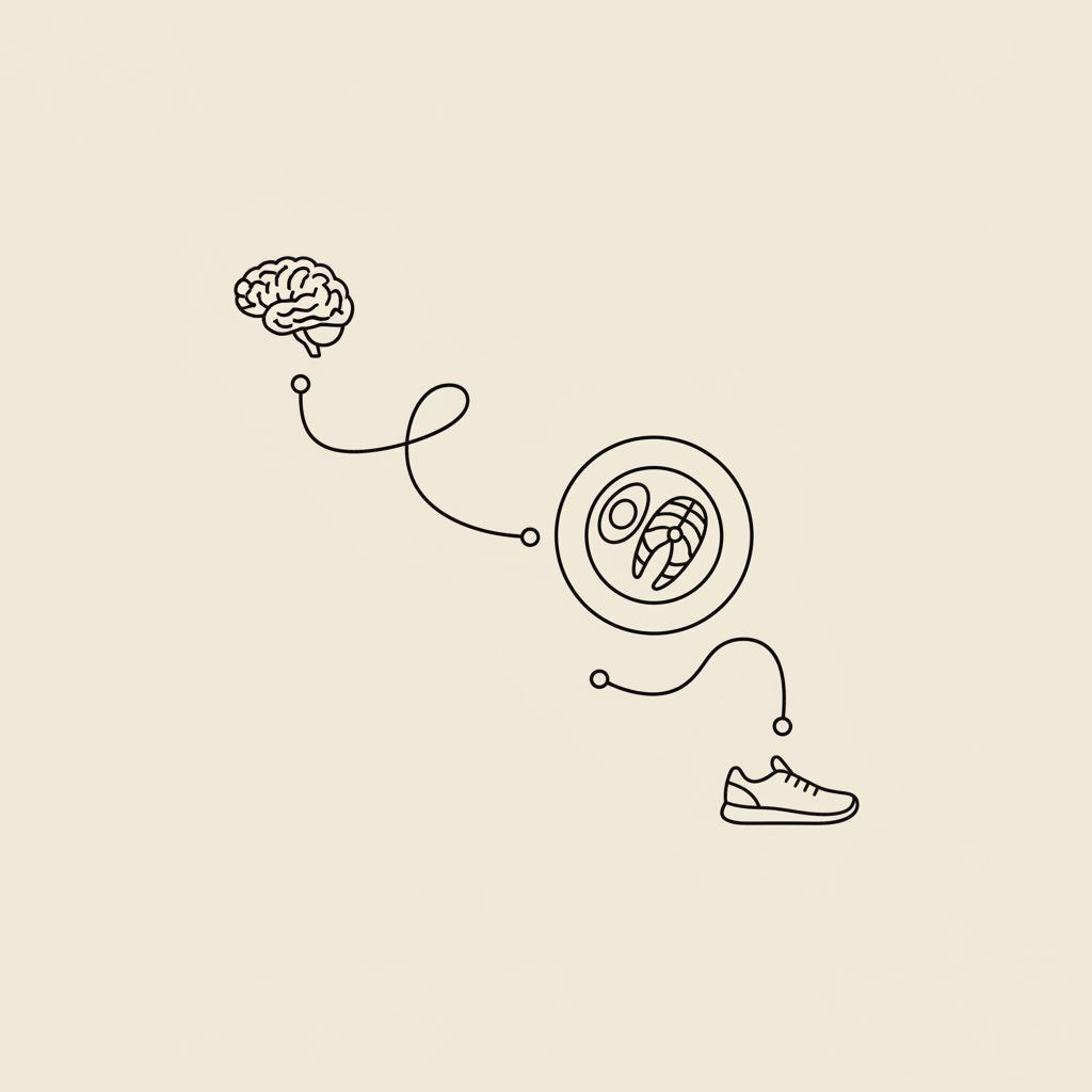 Minimal thin-line vector showing a brain connected by a curved neural pathway to a protein plate and a running shoe on beige background — what depletes dopamine the most?