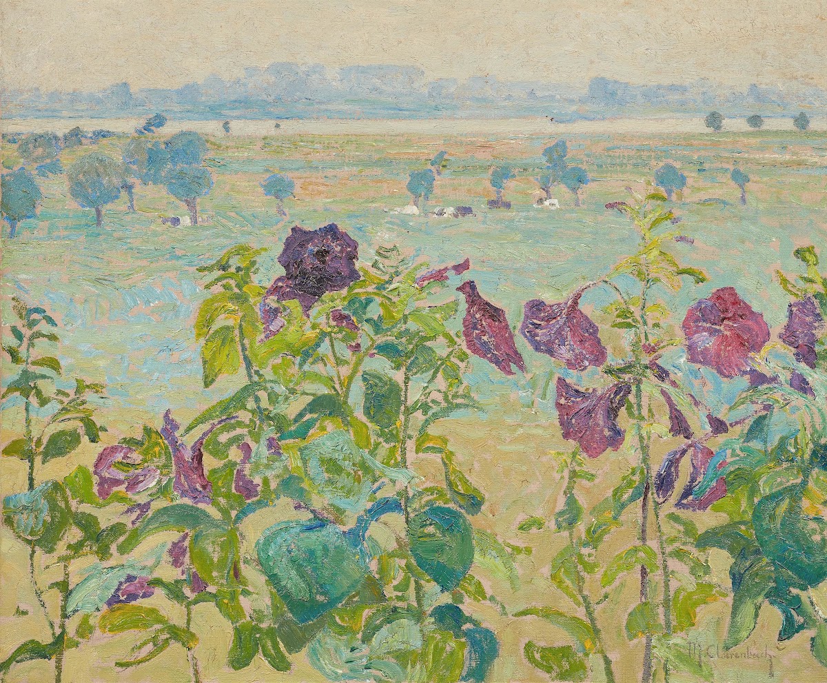 Blüten Stockrosen Blick auf den Rhein bei Wittlaer