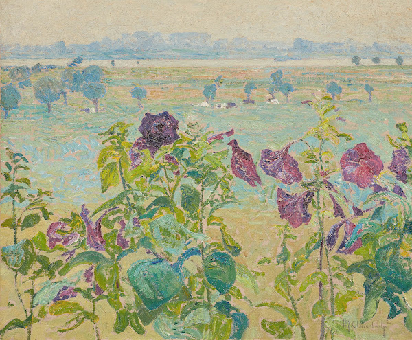 Blüten Stockrosen Blick auf den Rhein bei Wittlaer