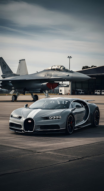 Bugatti Chiron Fighter Jet Airfield Luxury Sports Car - Free mobile Wallpaper