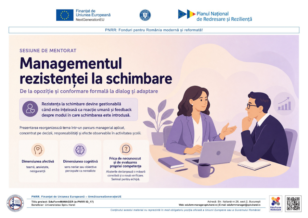Coperta ghidului Managementul rezistenței la schimbare în unitățile de învățământ preuniversitar