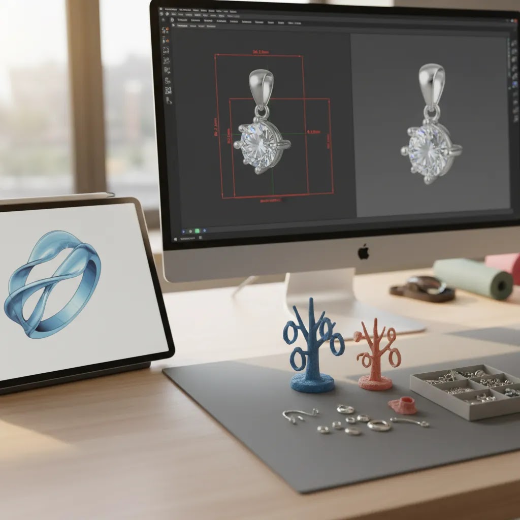Professional 3d jewelry design services workflow with sketches CAD render and prototype sample